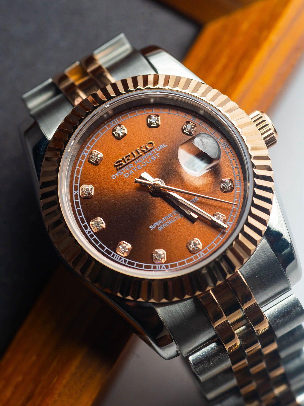 Automatic Mod Watch | 316L Stainless Steel Case | Smooth Bezel | Chocolate Dial with Diamonds Indexes | Jubilee Bracelet