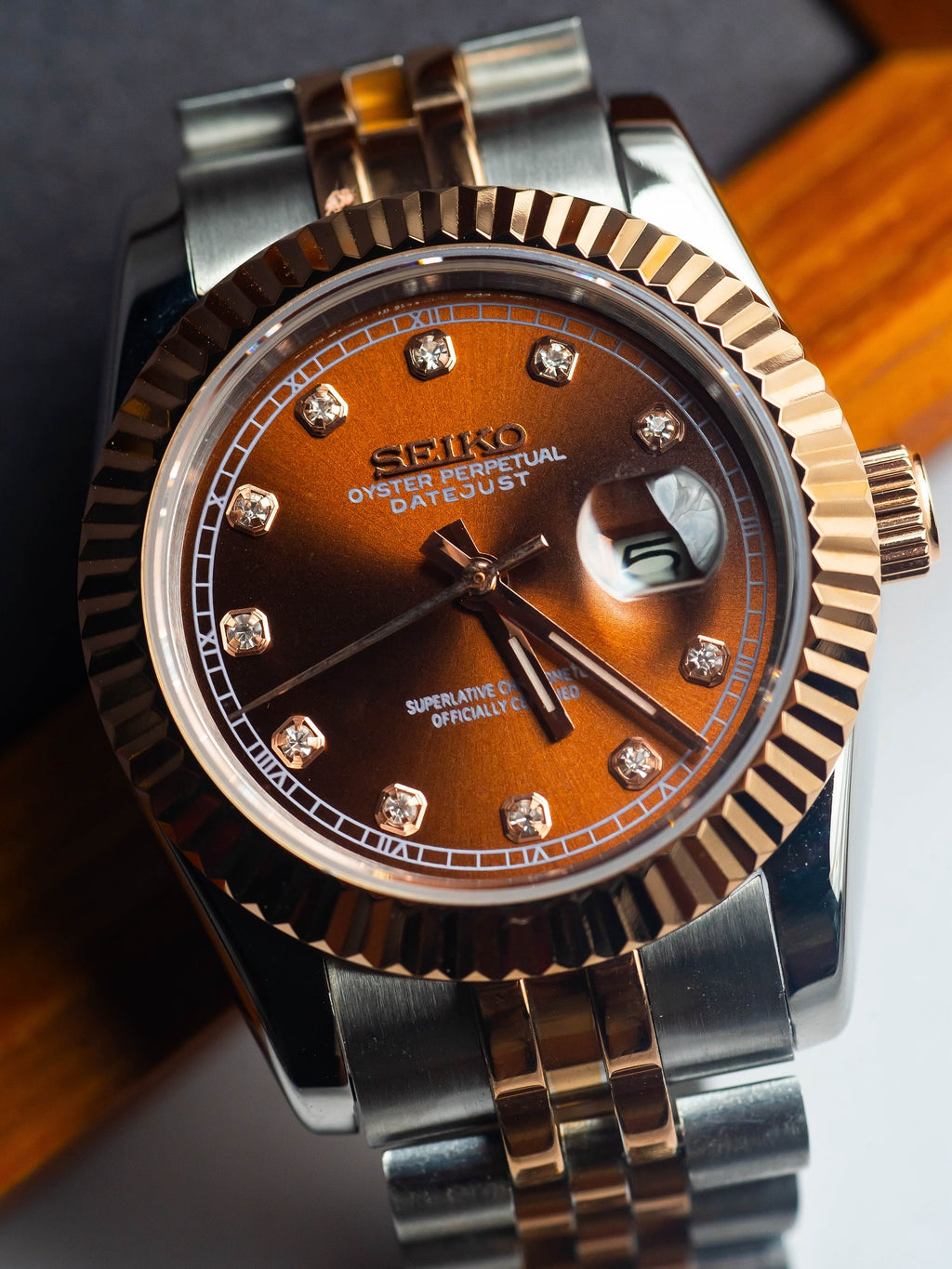 Automatic Mod Watch | 316L Stainless Steel Case | Smooth Bezel | Chocolate Dial with Diamonds Indexes | Jubilee Bracelet