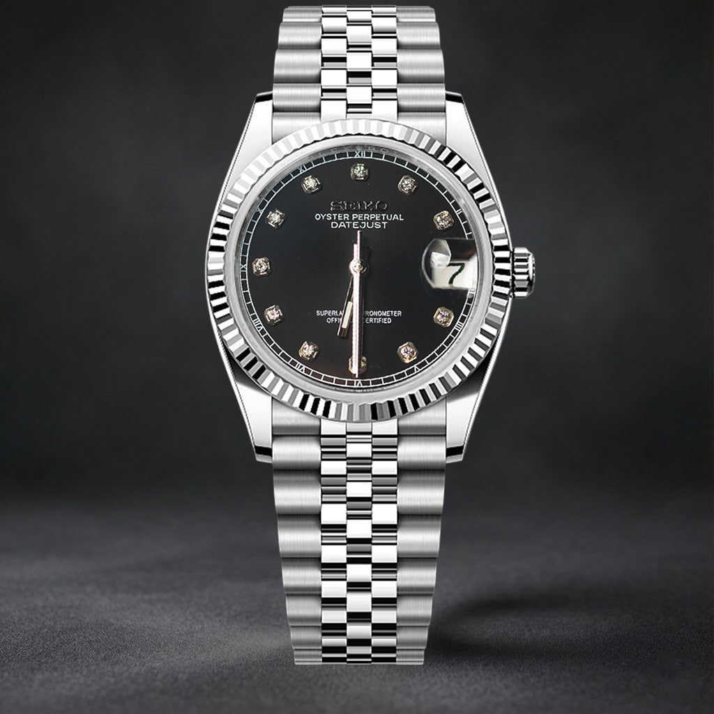 Automatic Mod Watch Black Dial  | 316L Stainless Steel Case | Smooth Bezel | Black Dial with Diamonds Indexes | Jubilee Bracelet