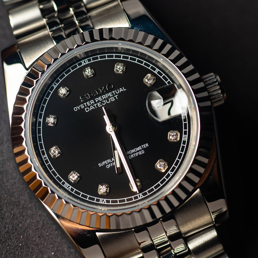 Automatic Mod Watch Black Dial  | 316L Stainless Steel Case | Smooth Bezel | Black Dial with Diamonds Indexes | Jubilee Bracelet