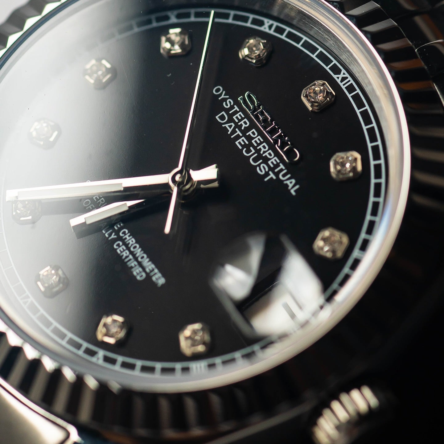 Automatic Mod Watch Black Dial  | 316L Stainless Steel Case | Smooth Bezel | Black Dial with Diamonds Indexes | Jubilee Bracelet