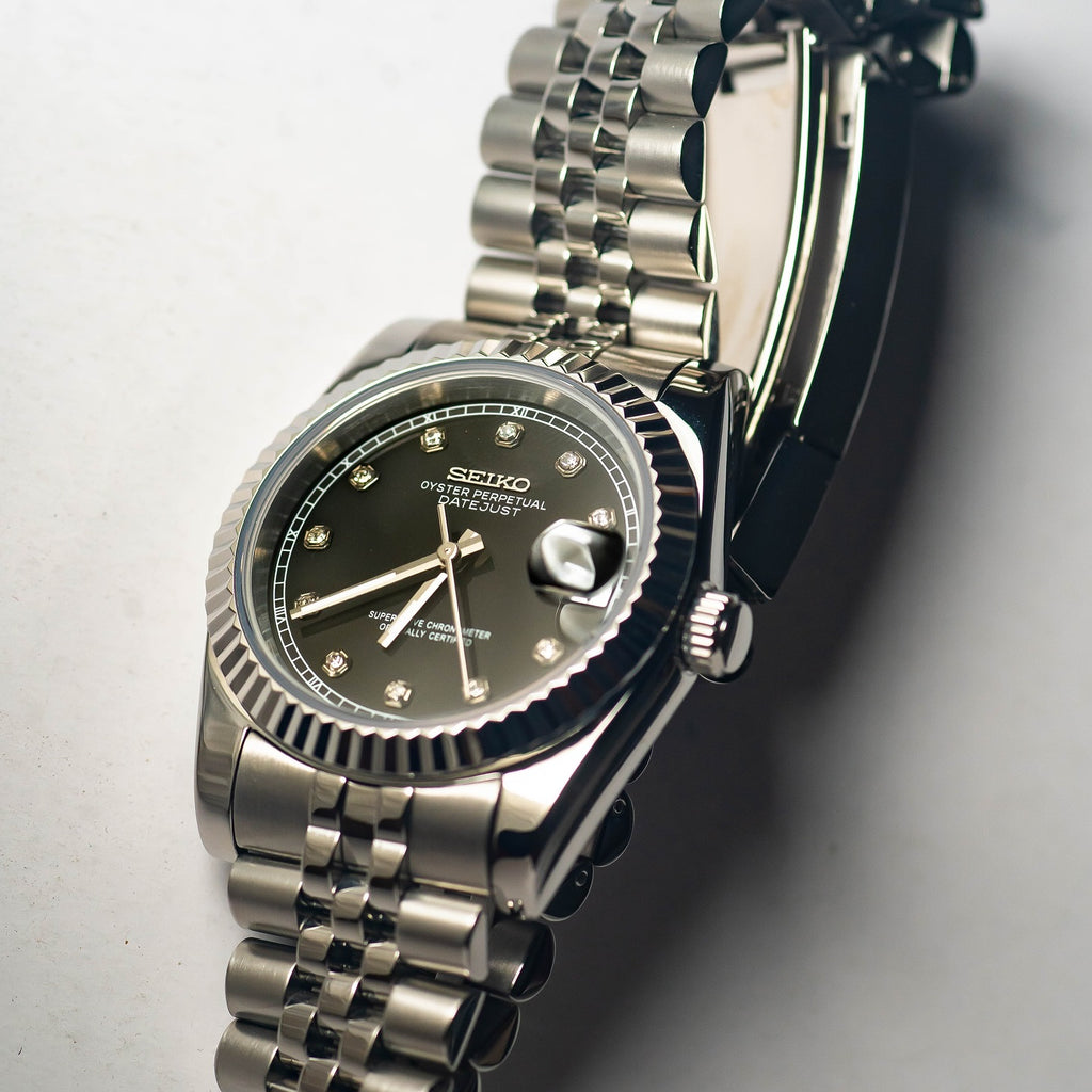 Automatic Mod Watch Black Dial  | 316L Stainless Steel Case | Smooth Bezel | Black Dial with Diamonds Indexes | Jubilee Bracelet