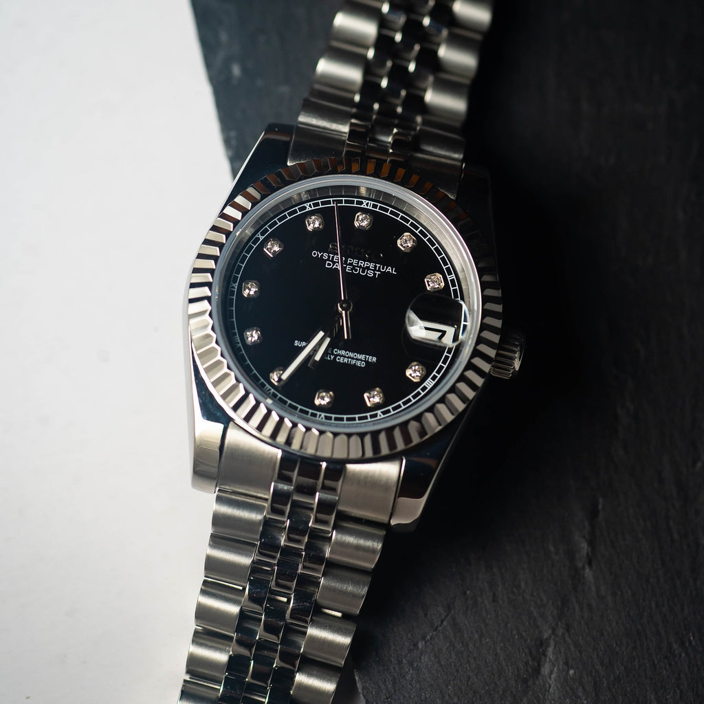 Automatic Mod Watch Black Dial  | 316L Stainless Steel Case | Smooth Bezel | Black Dial with Diamonds Indexes | Jubilee Bracelet