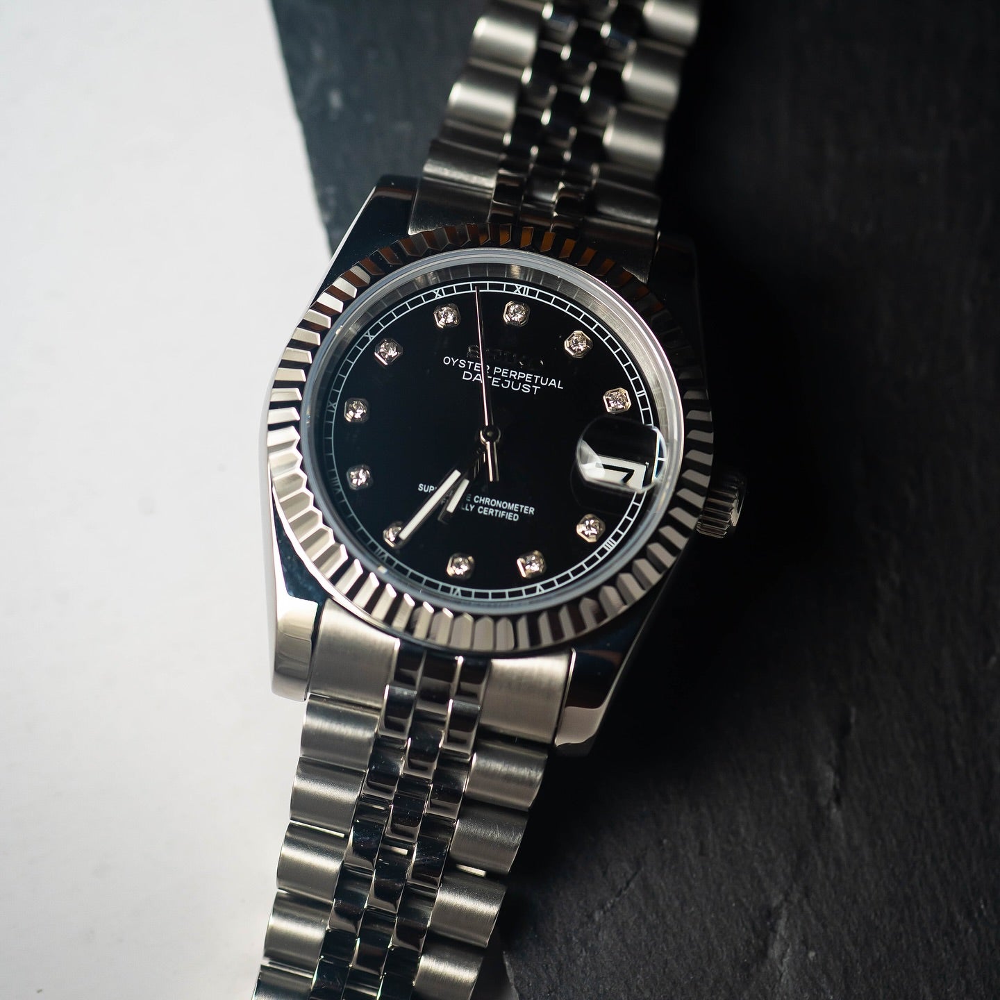 Automatic Mod Watch Black Dial  | 316L Stainless Steel Case | Smooth Bezel | Black Dial with Diamonds Indexes | Jubilee Bracelet