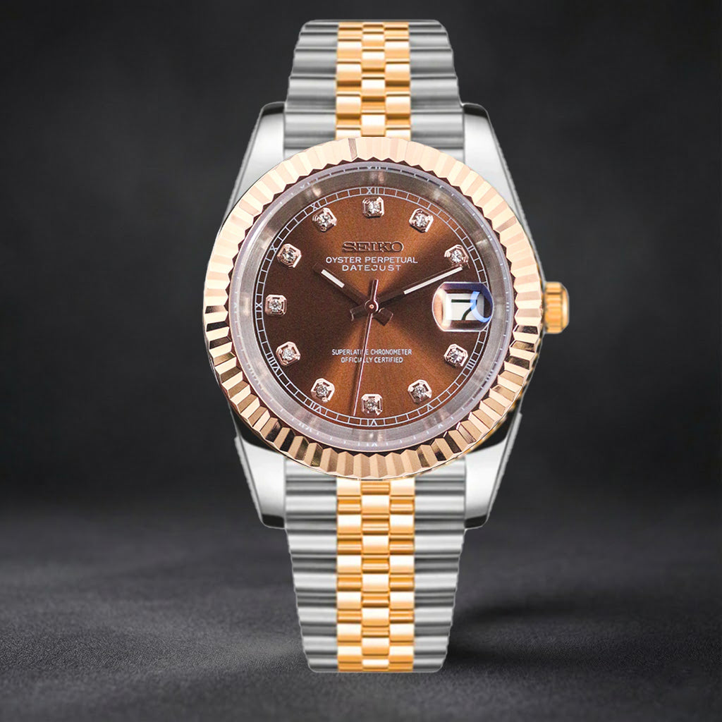 Automatic Mod Watch | 316L Stainless Steel Case | Smooth Bezel | Chocolate Dial with Diamonds Indexes | Jubilee Bracelet