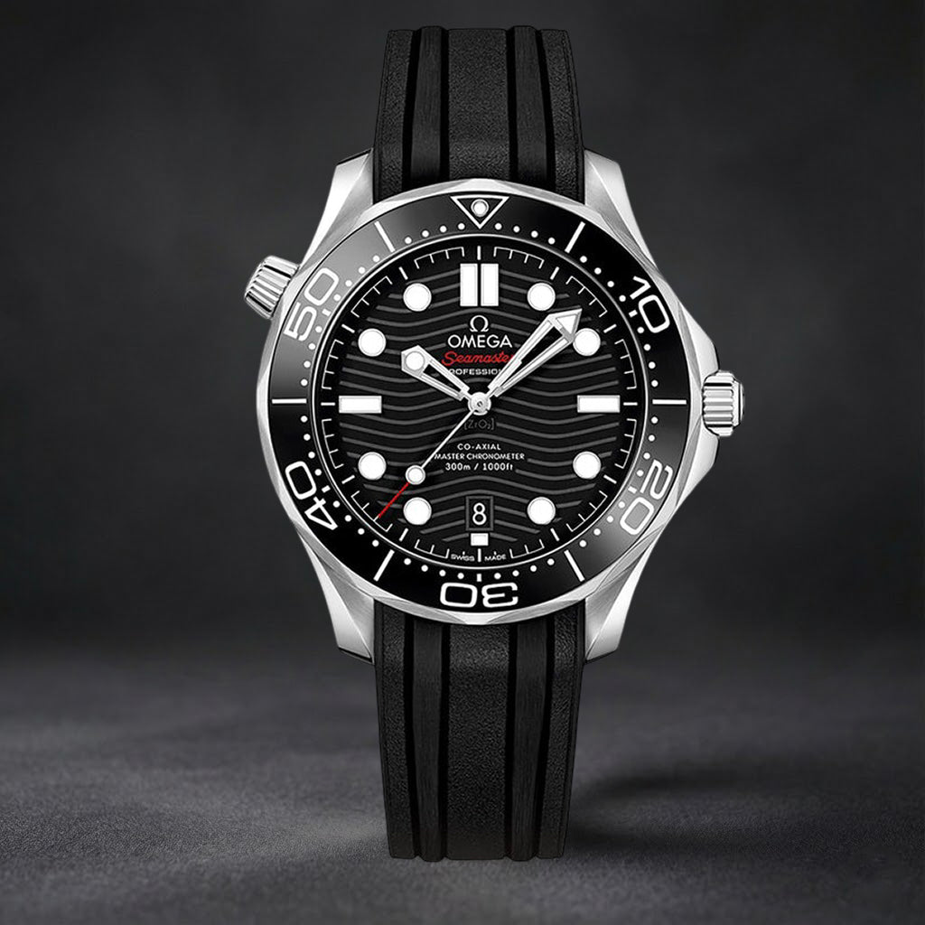 Swiss Luxury Watch | Automatic Watch | High-quality Rubber| Smooth Bezel | Black Wave Textured Dial