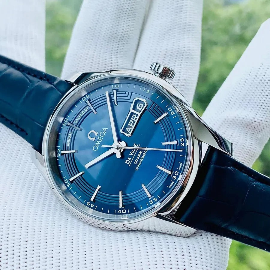 Luxury Swiss-Style Watch | Automatic Movement | Blue Dial with Day-Date Display | 904L Stainless Steel Case | Leather Strap