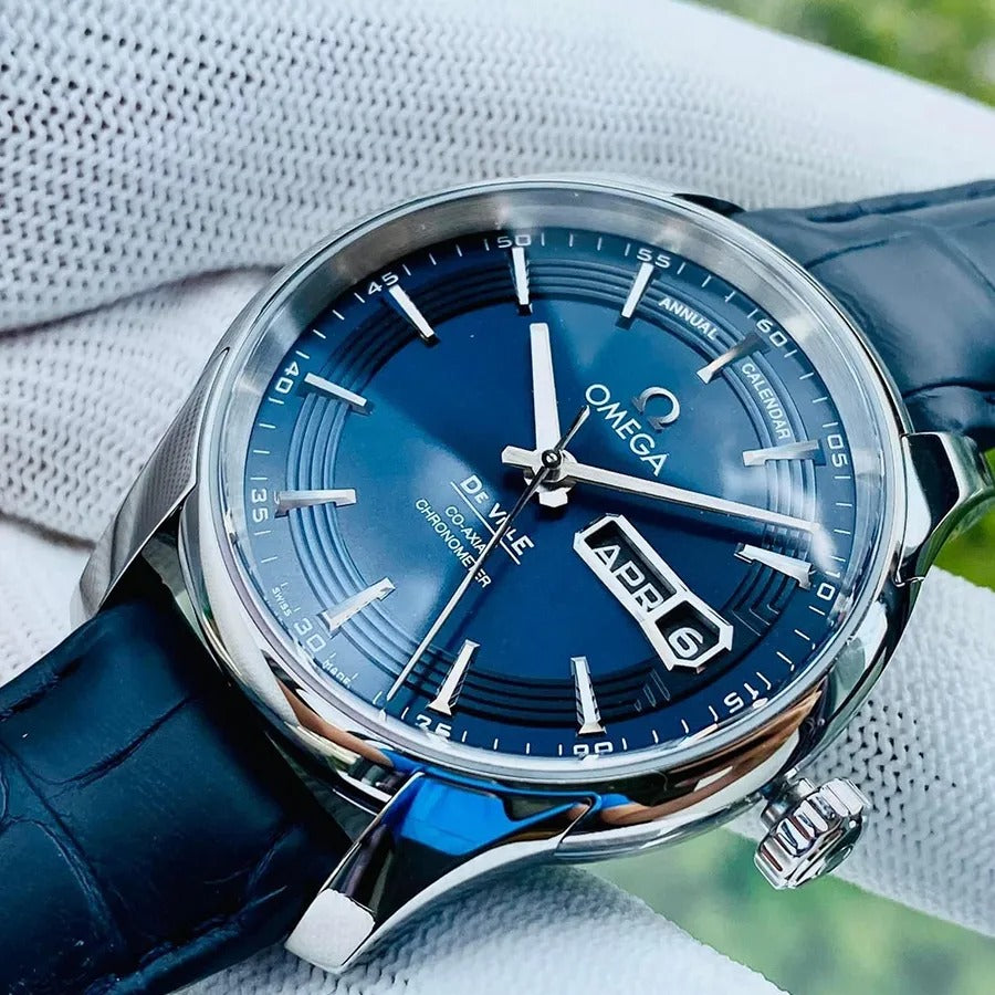 Luxury Swiss-Style Watch | Automatic Movement | Blue Dial with Day-Date Display | 904L Stainless Steel Case | Leather Strap