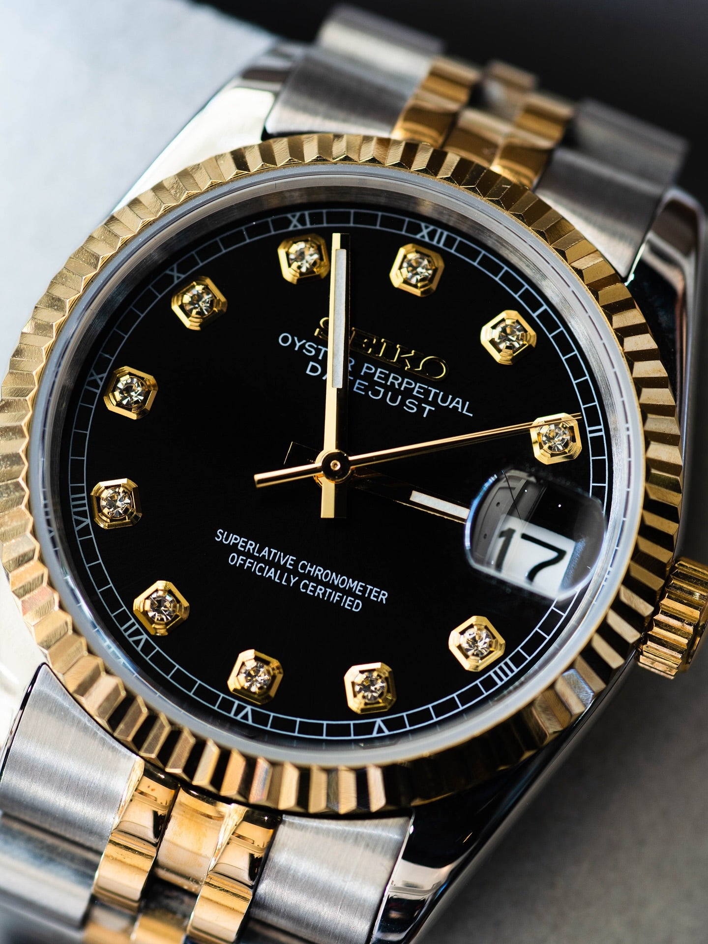 Automatic Mod Watch Black Gold Dial | 316L Stainless Steel Case | Smooth Bezel | Gold Dial with with Diamonds Indexes | Jubilee Bracelet