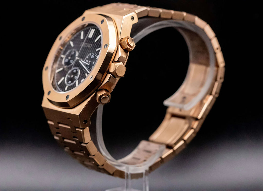 Luxury Japanese Watch | Automatic Chronograph | Black Dial with Rose-Tone Accents | Stainless Steel Case & Bracelet