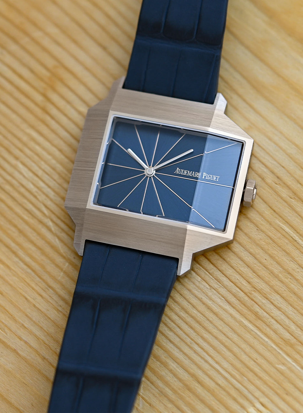 Luxury Swiss Watch | Automatic | Blue Sunburst Dial | 904L Stainless Steel Rectangular Case | Blue Leather Strap | Modern Art Design