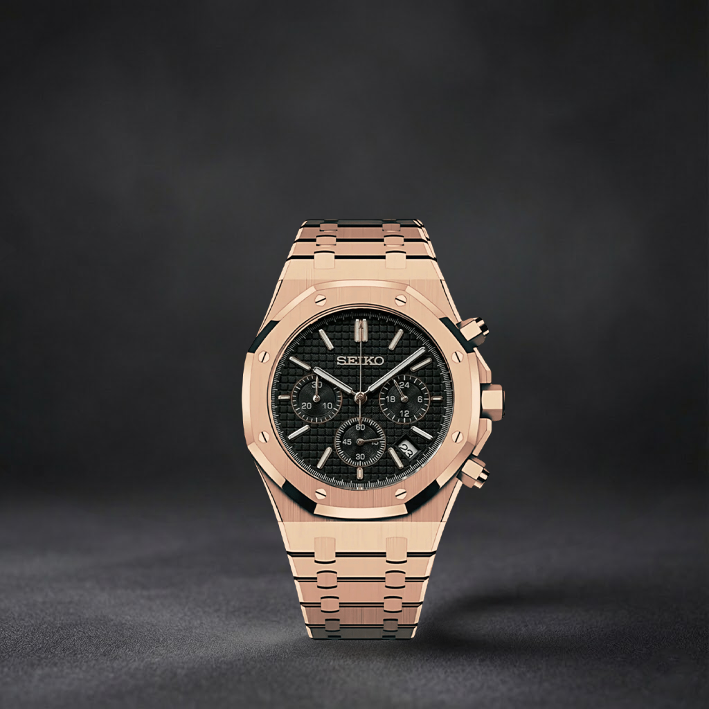 Luxury Japanese Watch | Automatic Chronograph | Black Dial with Rose-Tone Accents | Stainless Steel Case & Bracelet