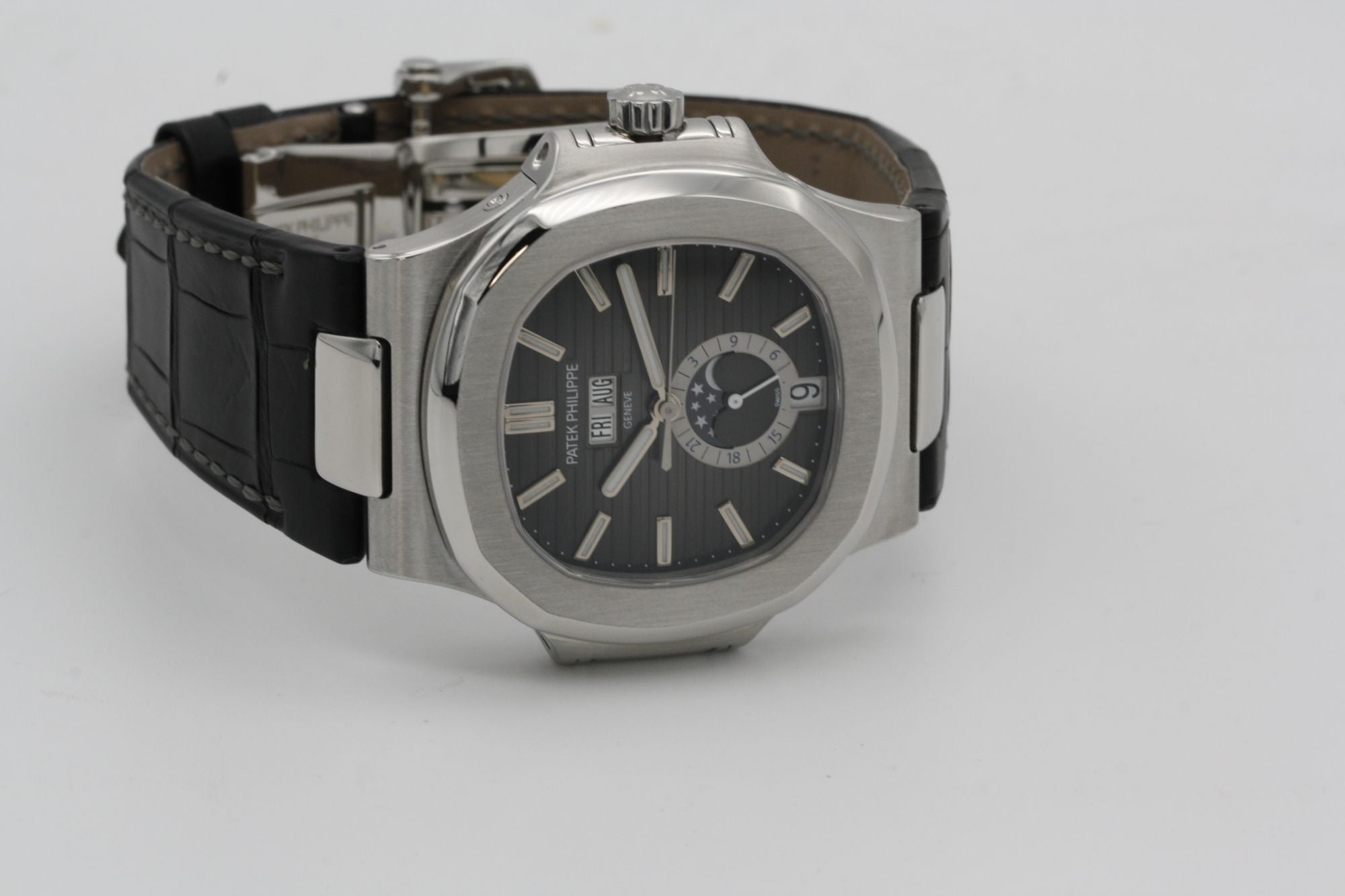 Luxury Automatic Watch | Black Textured Dial | Stainless Steel Case | Moonphase Calendar | Leather Strap | Date Display