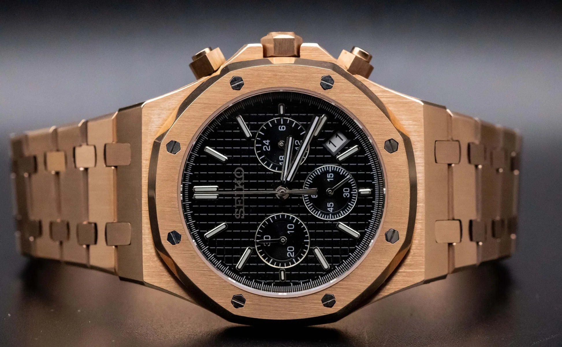 Luxury Japanese Watch | Automatic Chronograph | Black Dial with Rose-Tone Accents | Stainless Steel Case & Bracelet