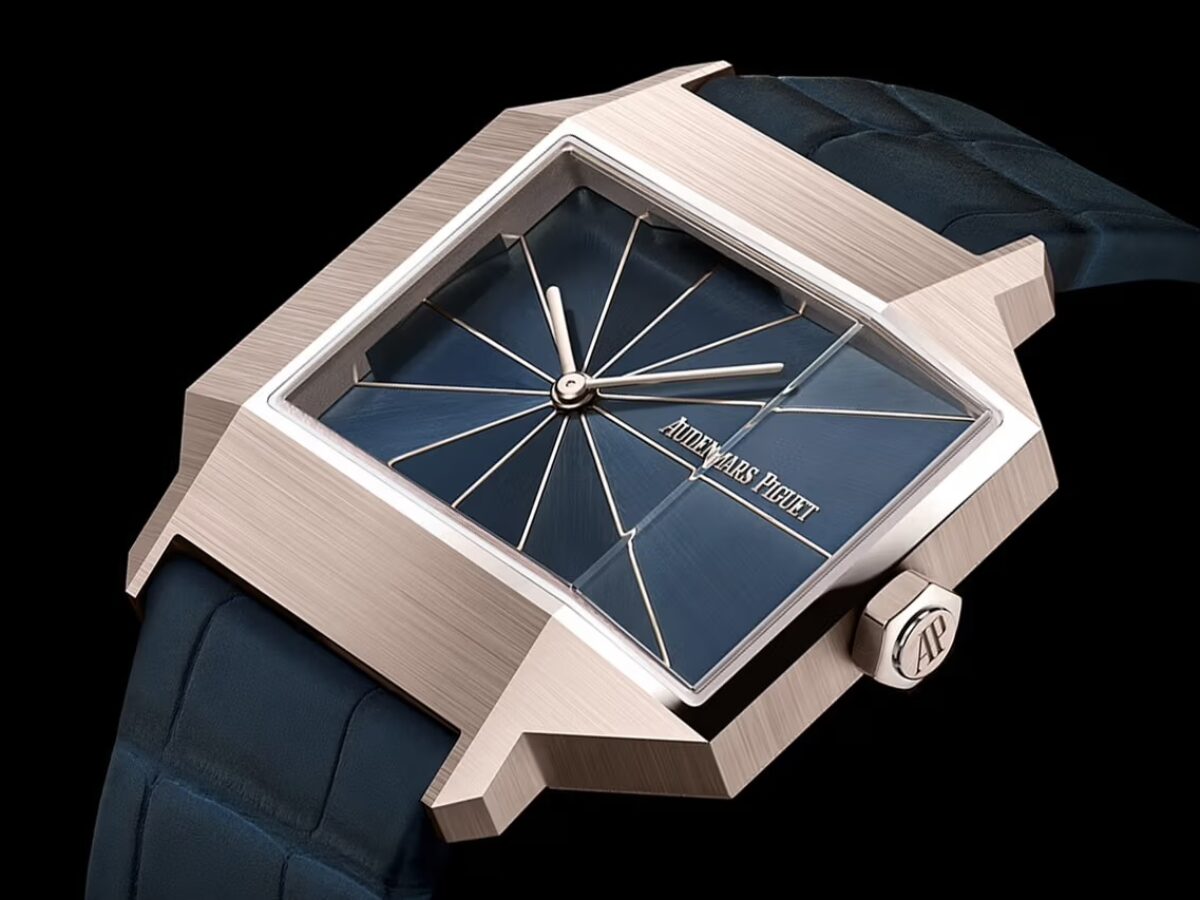 Luxury Swiss Watch | Automatic | Blue Sunburst Dial | 904L Stainless Steel Rectangular Case | Blue Leather Strap | Modern Art Design