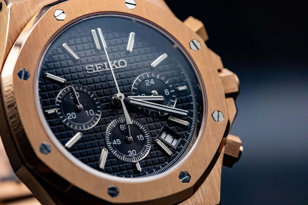 Luxury Japanese Watch | Automatic Chronograph | Black Dial with Rose-Tone Accents | Stainless Steel Case & Bracelet