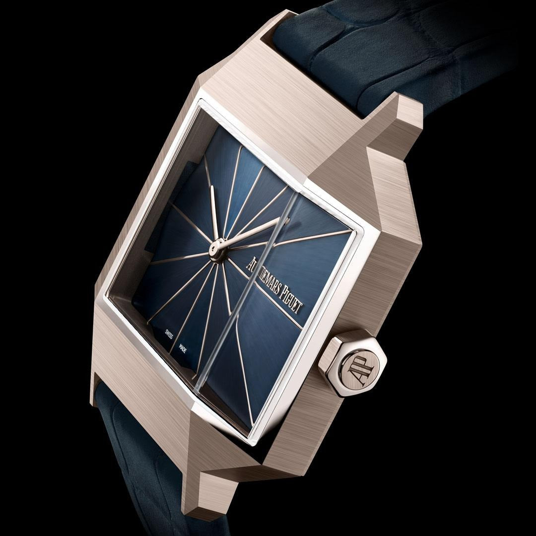 Luxury Swiss Watch | Automatic | Blue Sunburst Dial | 904L Stainless Steel Rectangular Case | Blue Leather Strap | Modern Art Design