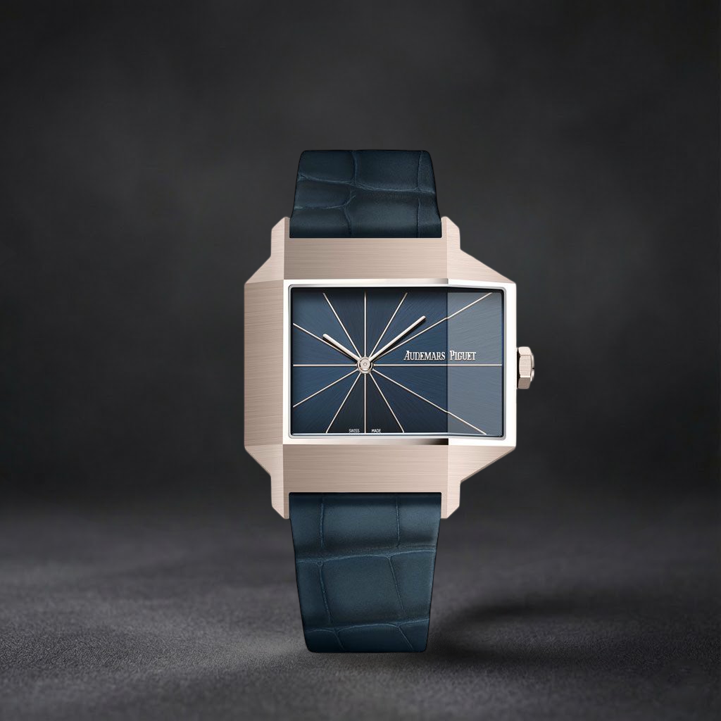 Luxury Swiss Watch | Automatic | Blue Sunburst Dial | 904L Stainless Steel Rectangular Case | Blue Leather Strap | Modern Art Design