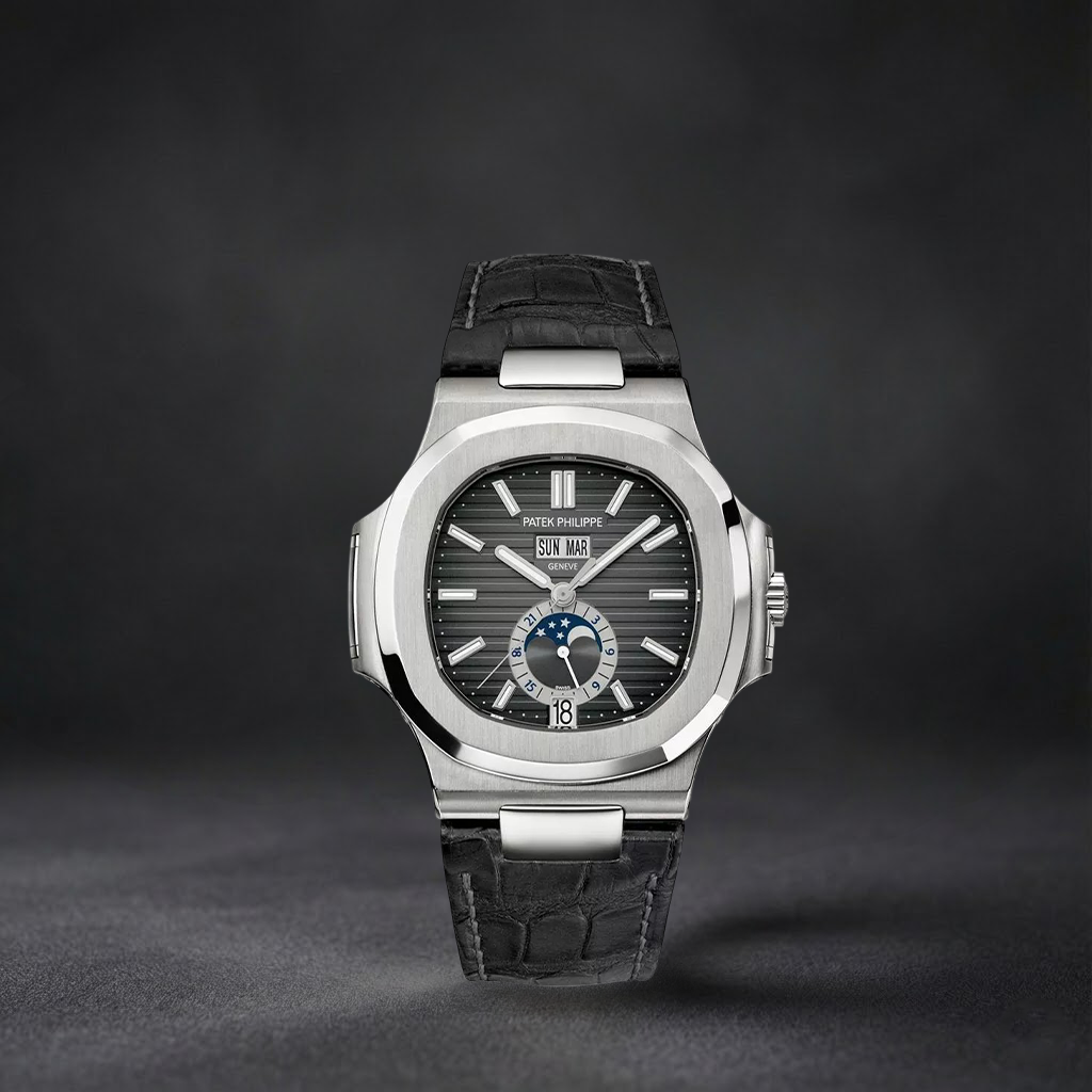 Luxury Automatic Watch | Black Textured Dial | Stainless Steel Case | Moonphase Calendar | Leather Strap | Date Display