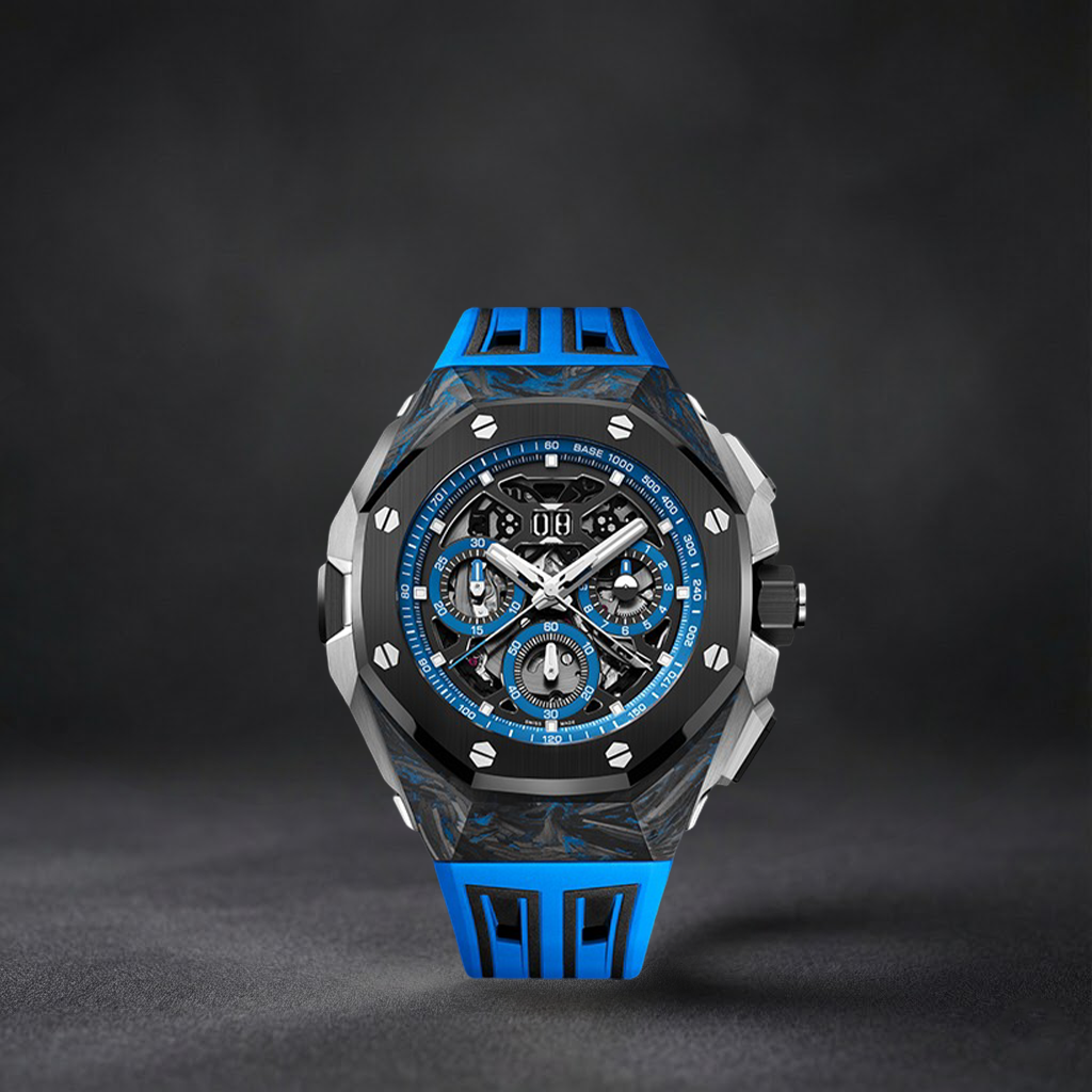 Luxury Swiss Watch | Automatic Chronograph | Skeleton Dial with Blue Accents | 904L Stainless Steel Case | Sport Rubber Strap