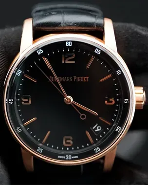 Luxury Swiss-Style Watch | Automatic Movement | Black Dial with Rose-Tone Hour Markers | 904L Stainless Steel Case | Black Leather Strap