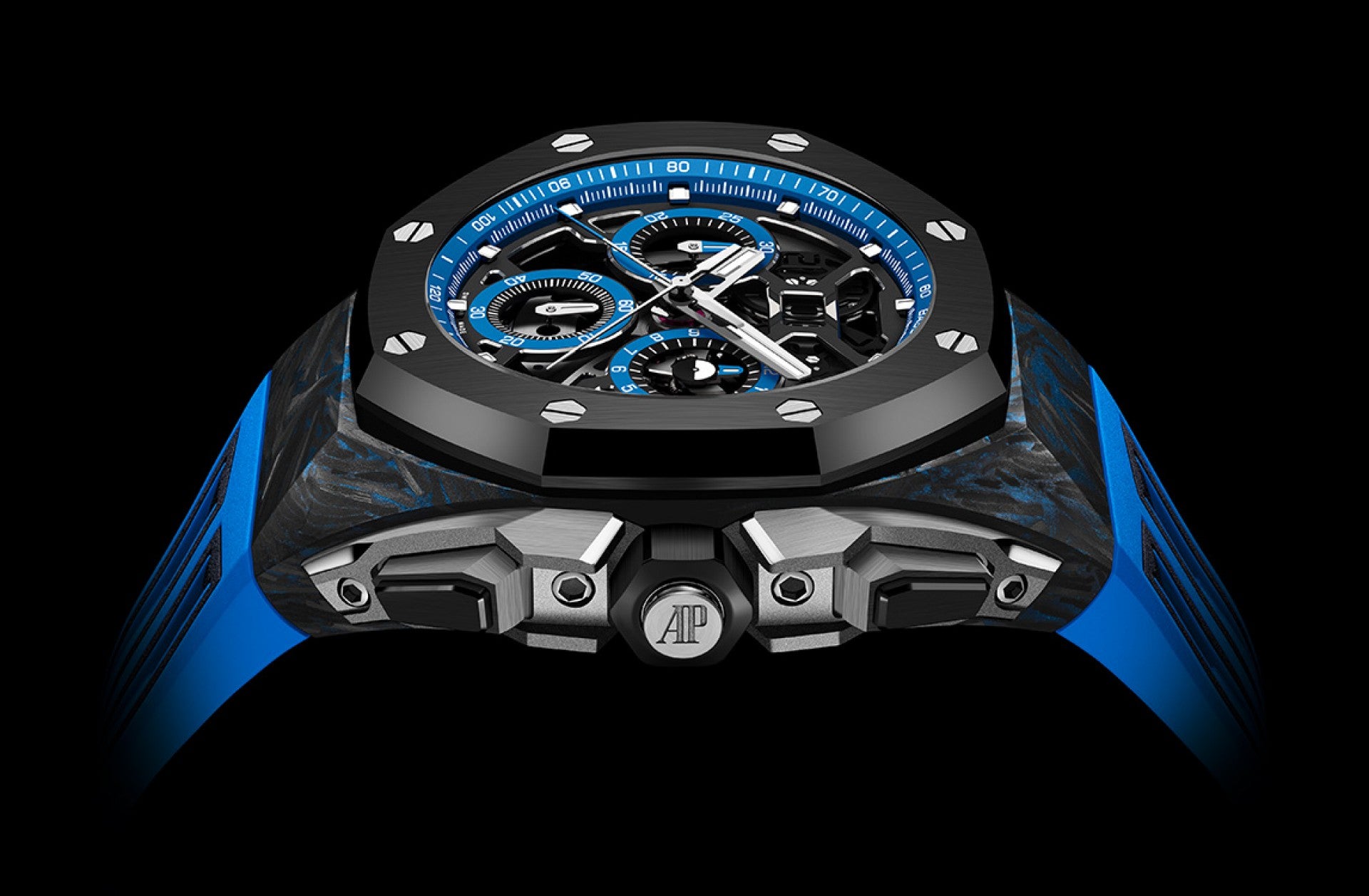 Luxury Swiss Watch | Automatic Chronograph | Skeleton Dial with Blue Accents | 904L Stainless Steel Case | Sport Rubber Strap