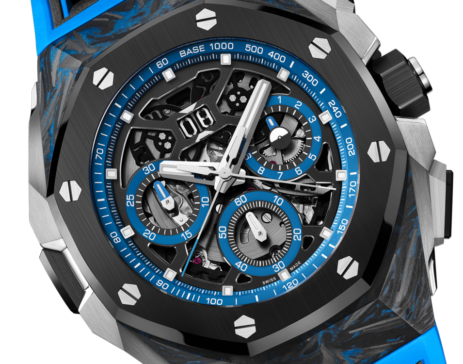 Luxury Swiss Watch | Automatic Chronograph | Skeleton Dial with Blue Accents | 904L Stainless Steel Case | Sport Rubber Strap