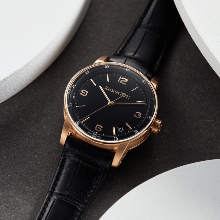 Luxury Swiss-Style Watch | Automatic Movement | Black Dial with Rose-Tone Hour Markers | 904L Stainless Steel Case | Black Leather Strap