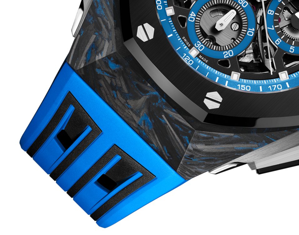 Luxury Swiss Watch | Automatic Chronograph | Skeleton Dial with Blue Accents | 904L Stainless Steel Case | Sport Rubber Strap
