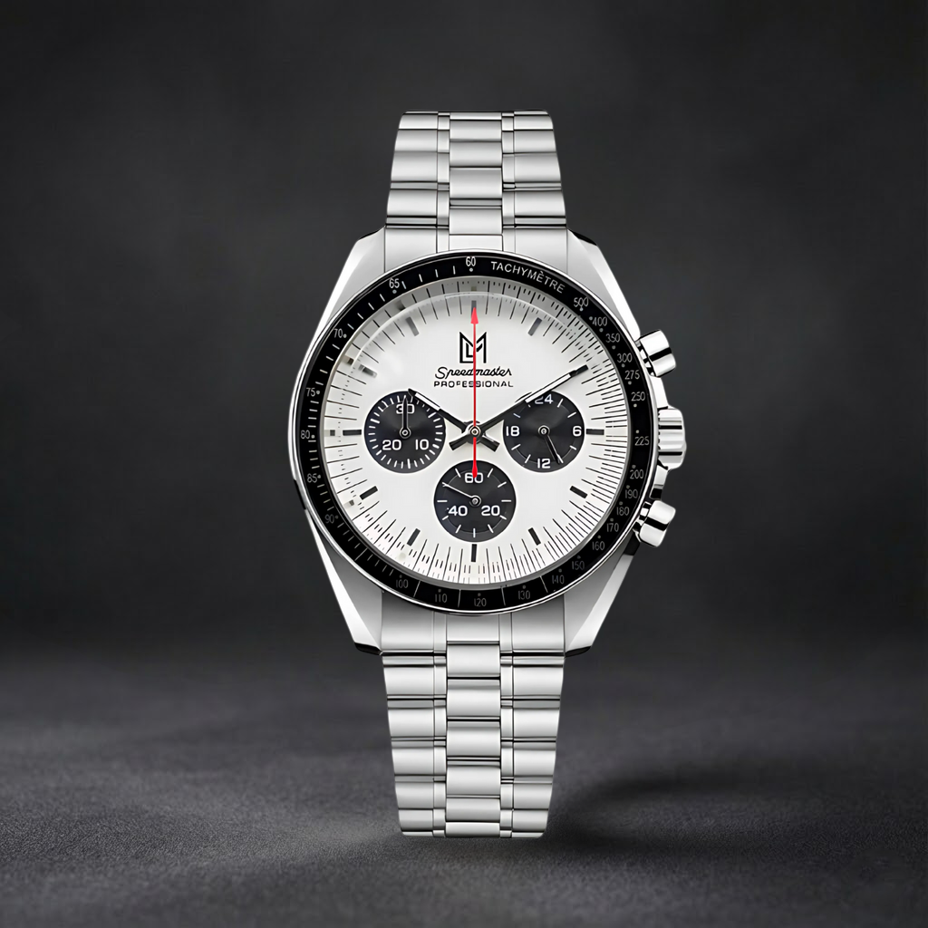 Luxury Swiss-Style Watch | White Dial with Tachymeter Bezel | Stainless Steel Bracelet | Stainless Steel Case | Metal Bracelet
