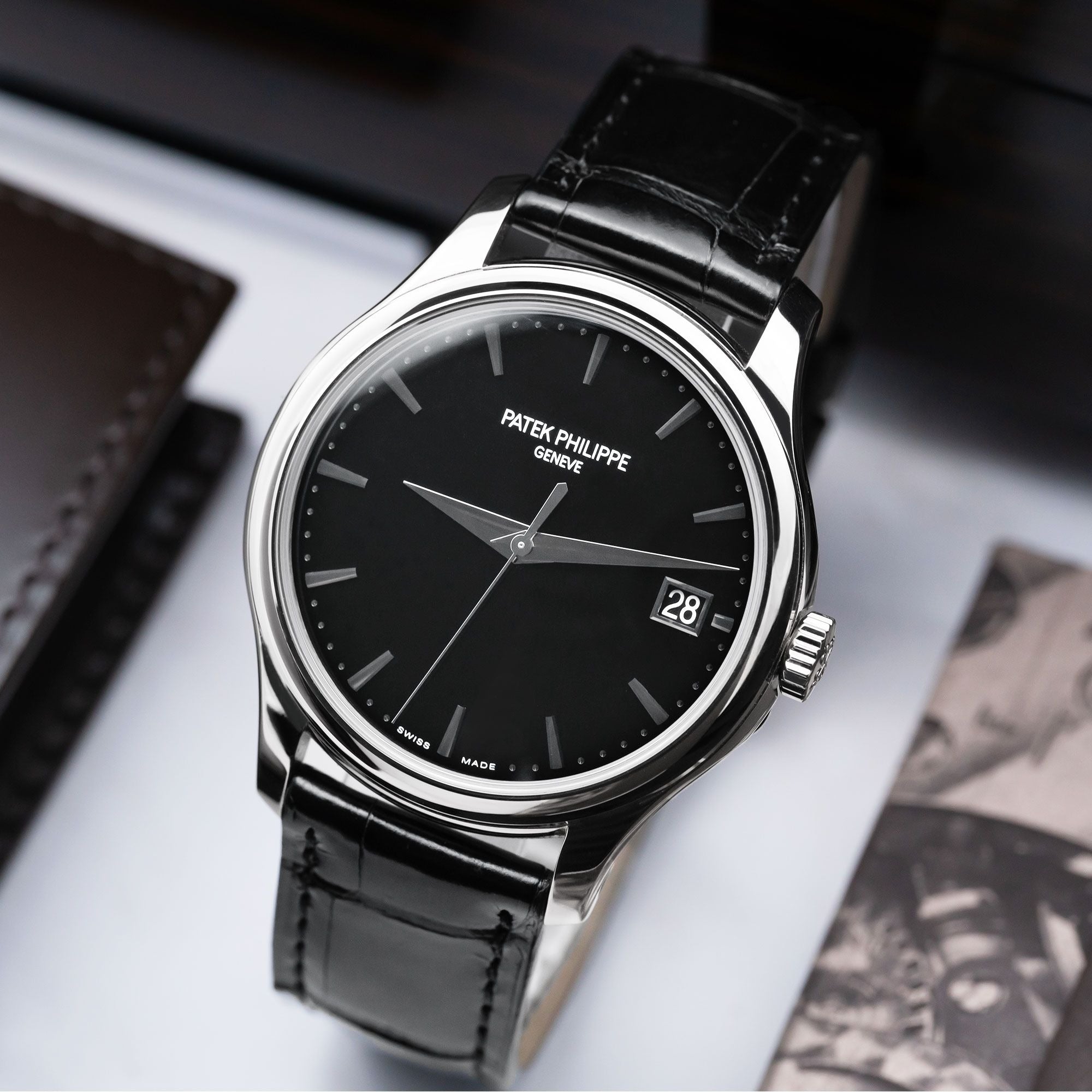 Luxury Swiss Watch | Automatic Movement | Black Dial | Stainless Steel Case | Black Leather Strap | Date Display