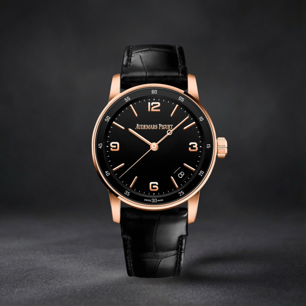 Luxury Swiss-Style Watch | Automatic Movement | Black Dial with Rose-Tone Hour Markers | 904L Stainless Steel Case | Black Leather Strap
