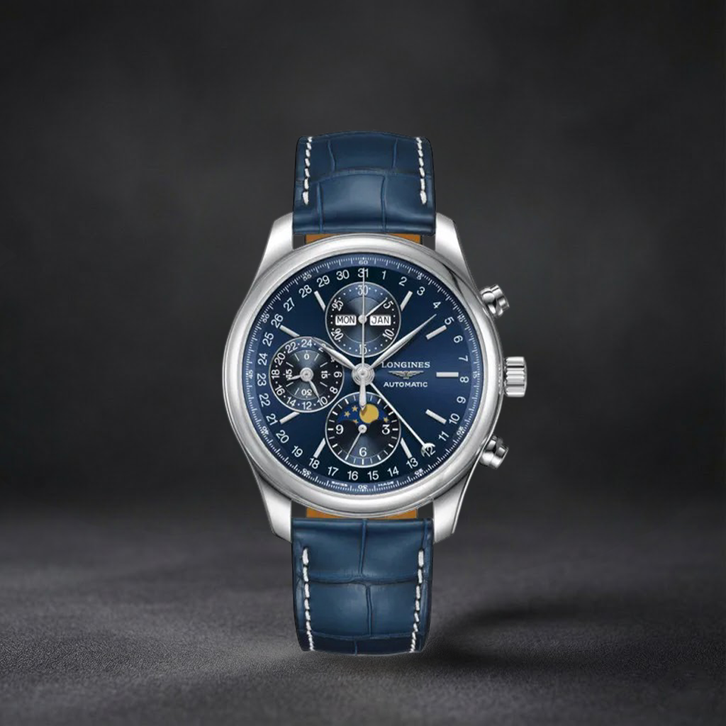 High-end Swiss watch | Automatic watch | Round shape | Leather strap | Blue dial