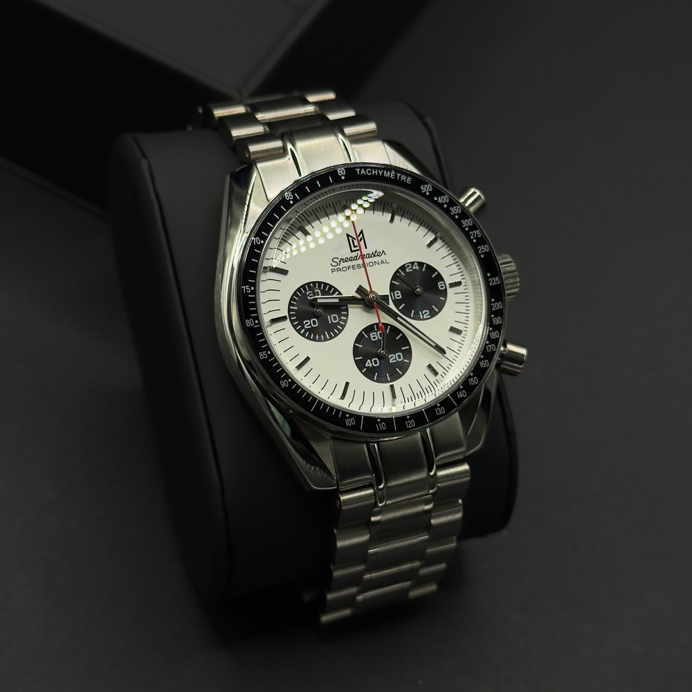 Luxury Swiss-Style Watch | White Dial with Tachymeter Bezel | Stainless Steel Bracelet | Stainless Steel Case | Metal Bracelet