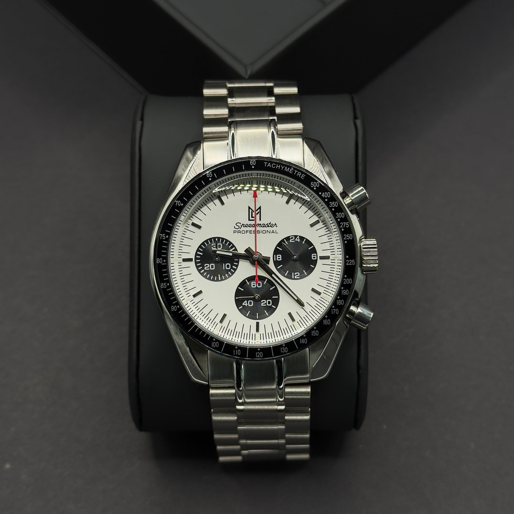 Luxury Swiss-Style Watch | White Dial with Tachymeter Bezel | Stainless Steel Bracelet | Stainless Steel Case | Metal Bracelet