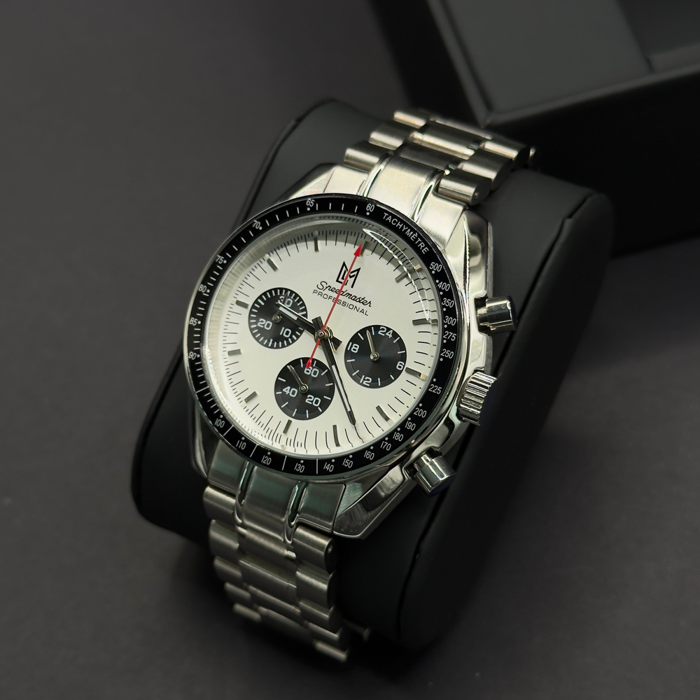 Luxury Swiss-Style Watch | White Dial with Tachymeter Bezel | Stainless Steel Bracelet | Stainless Steel Case | Metal Bracelet