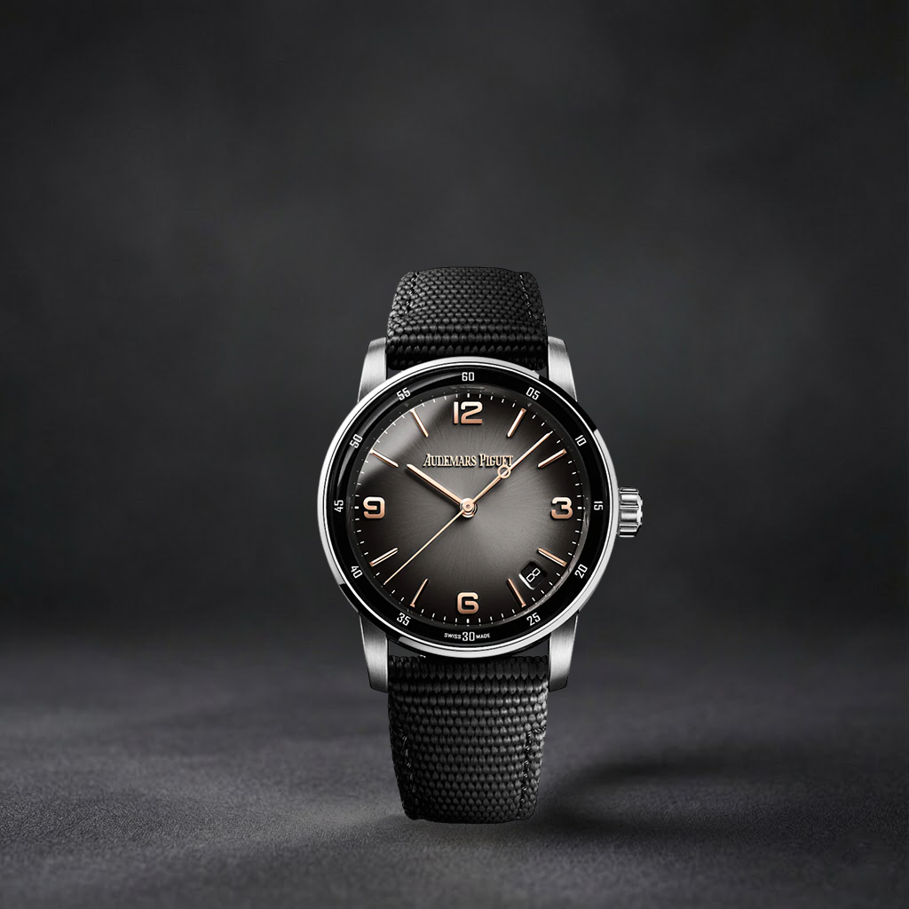 Luxury Swiss-Style Watch | Automatic Movement | Grey Sunburst Dial with Rose-Tone Hour Markers | 904L Stainless Steel Case | Fabric Strap