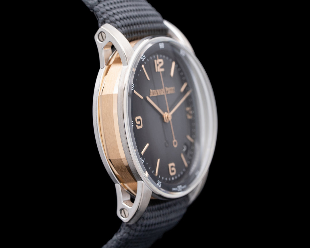 Luxury Swiss-Style Watch | Automatic Movement | Grey Sunburst Dial with Rose-Tone Hour Markers | 904L Stainless Steel Case | Fabric Strap