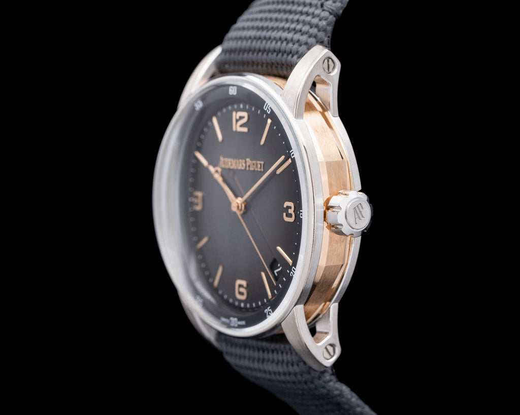 Luxury Swiss-Style Watch | Automatic Movement | Grey Sunburst Dial with Rose-Tone Hour Markers | 904L Stainless Steel Case | Fabric Strap