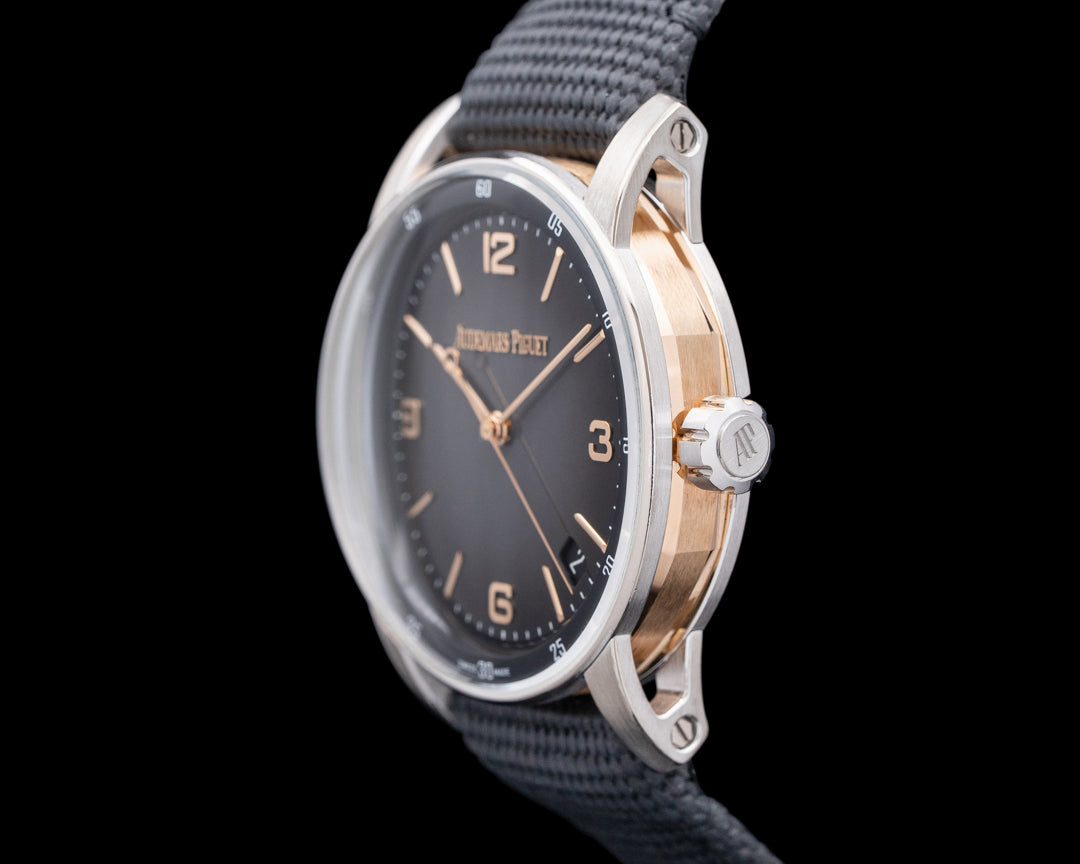 Luxury Swiss-Style Watch | Automatic Movement | Grey Sunburst Dial with Rose-Tone Hour Markers | 904L Stainless Steel Case | Fabric Strap