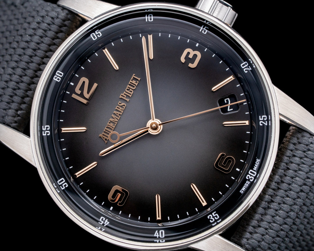 Luxury Swiss-Style Watch | Automatic Movement | Grey Sunburst Dial with Rose-Tone Hour Markers | 904L Stainless Steel Case | Fabric Strap