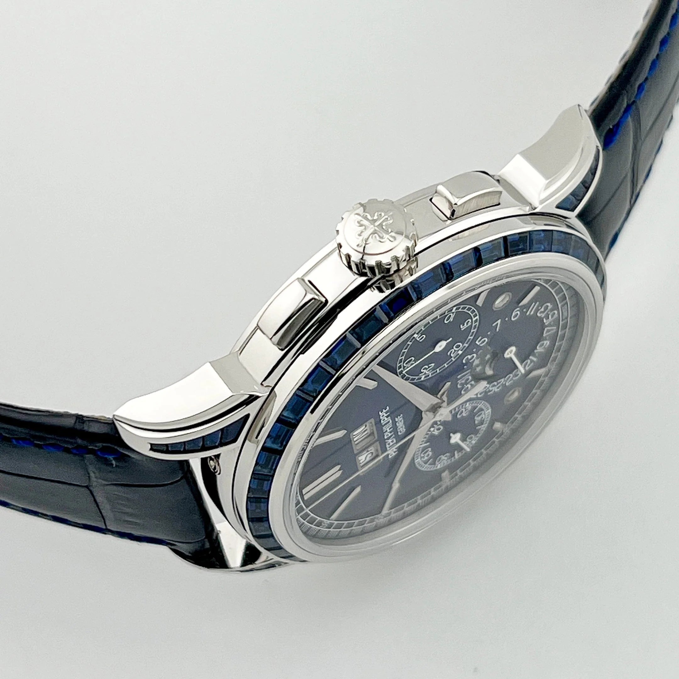 Luxury Swiss Style Watch | Automatic Chronograph | Blue Dial | Stainless Steel Case | Black Leather Strap