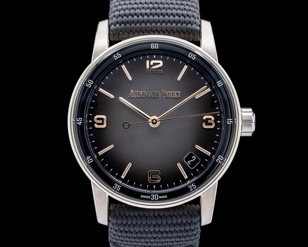 Luxury Swiss-Style Watch | Automatic Movement | Grey Sunburst Dial with Rose-Tone Hour Markers | 904L Stainless Steel Case | Fabric Strap