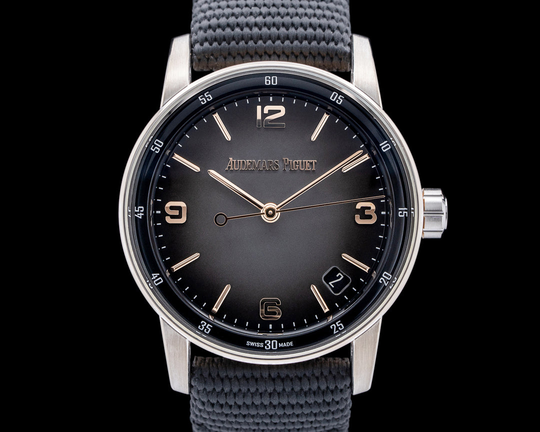 Luxury Swiss-Style Watch | Automatic Movement | Grey Sunburst Dial with Rose-Tone Hour Markers | 904L Stainless Steel Case | Fabric Strap