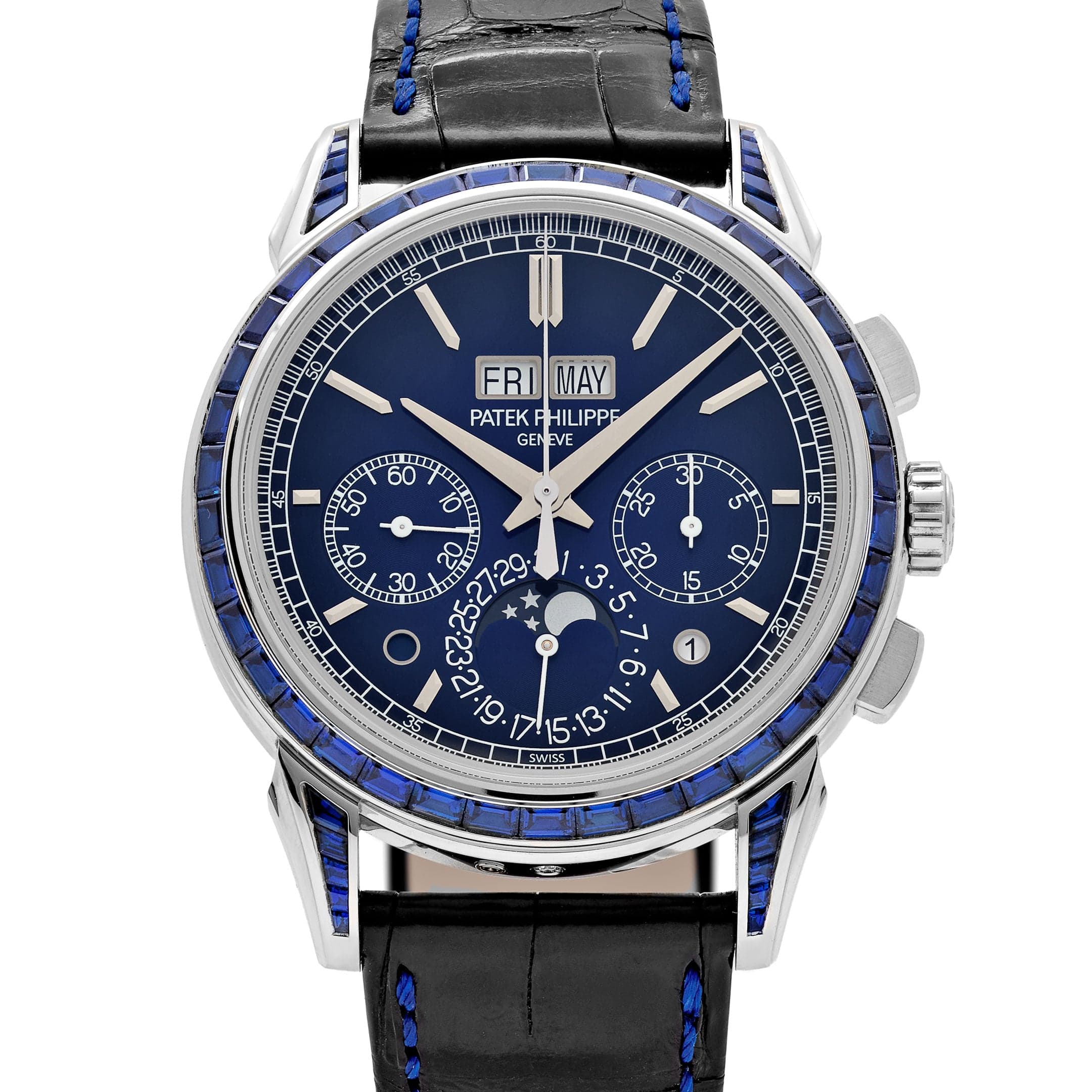 Luxury Swiss Style Watch | Automatic Chronograph | Blue Dial | Stainless Steel Case | Black Leather Strap