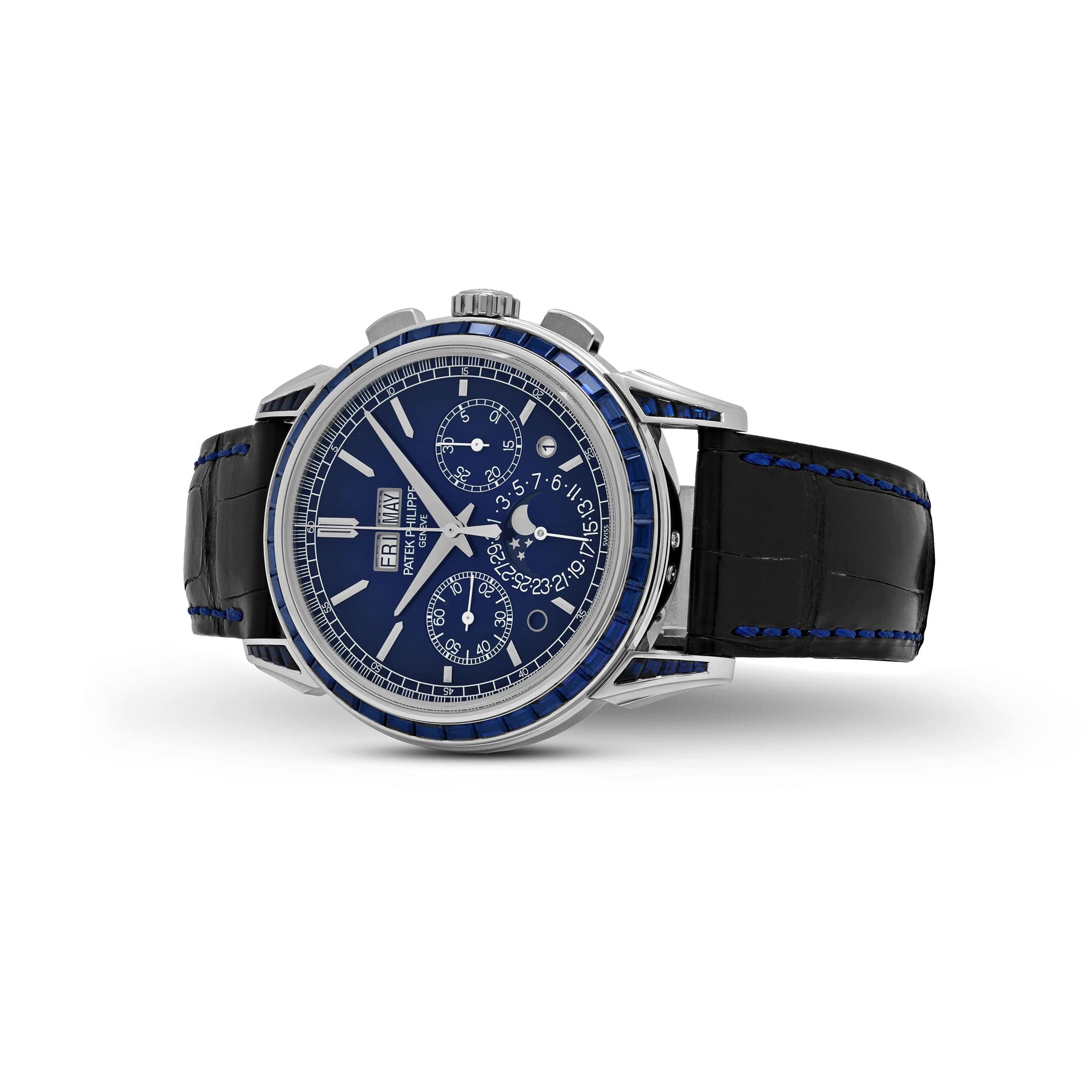 Luxury Swiss Style Watch | Automatic Chronograph | Blue Dial | Stainless Steel Case | Black Leather Strap