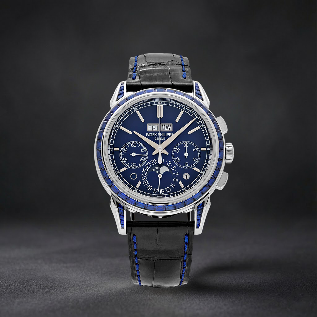 Luxury Swiss Style Watch | Automatic Chronograph | Blue Dial | Stainless Steel Case | Black Leather Strap