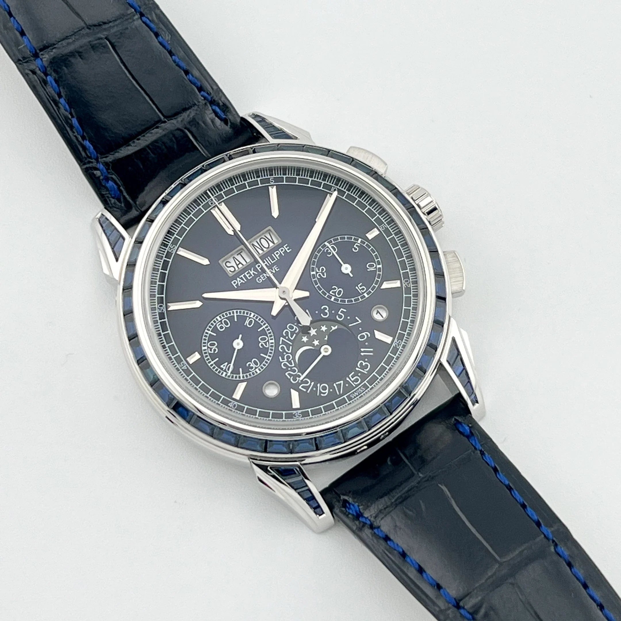 Luxury Swiss Style Watch | Automatic Chronograph | Blue Dial | Stainless Steel Case | Black Leather Strap