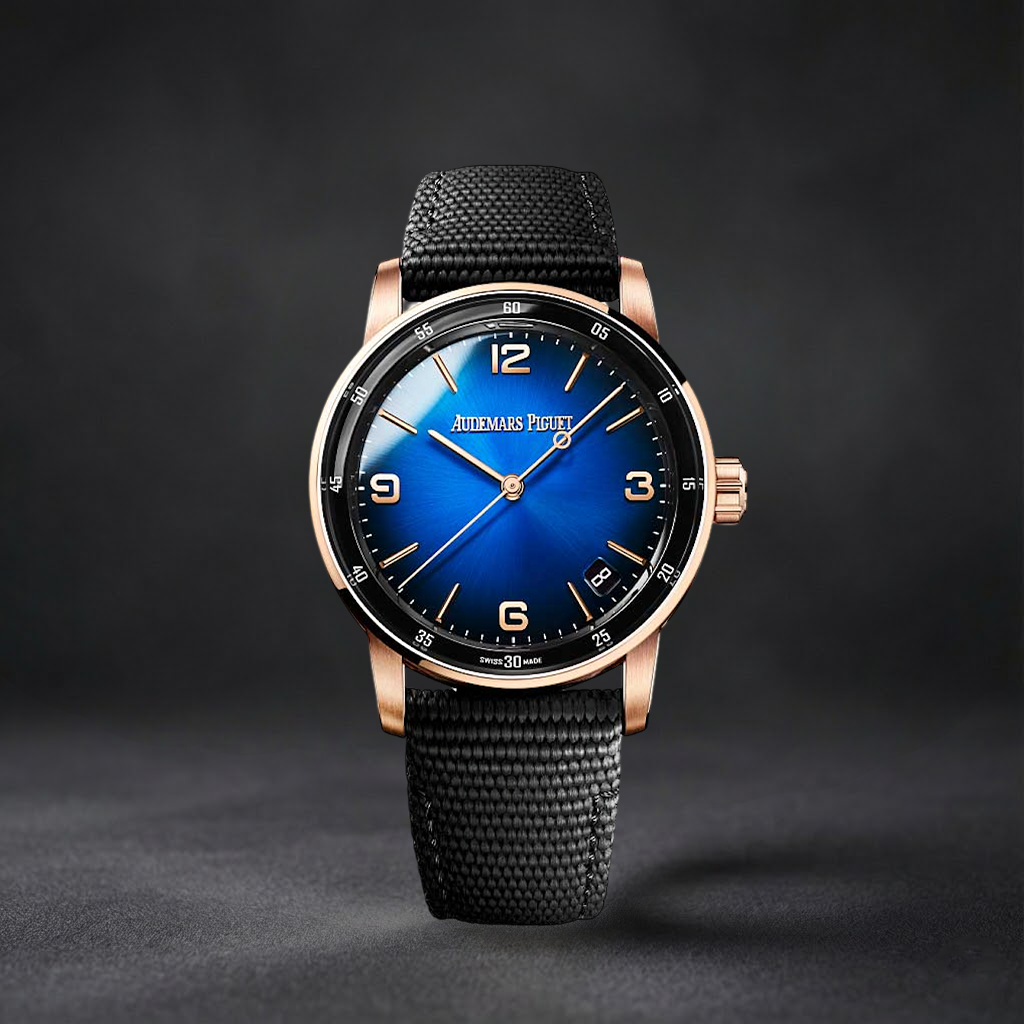 Luxury Swiss-Style Watch | Automatic Movement | Blue Sunburst Dial with Rose-Tone Hour Markers | 904L Stainless Steel Case | Fabric Strap