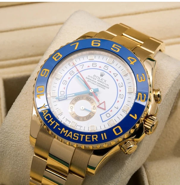 Luxury Swiss Watch | Yacht-Master II | Automatic Chronograph | White Dial | Stainless Steel Case | Blue Ceramic Bezel | Oyster Bracelet